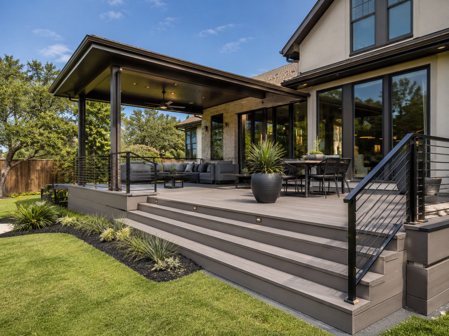 Modern composite deck with black cable railing and covered porch
