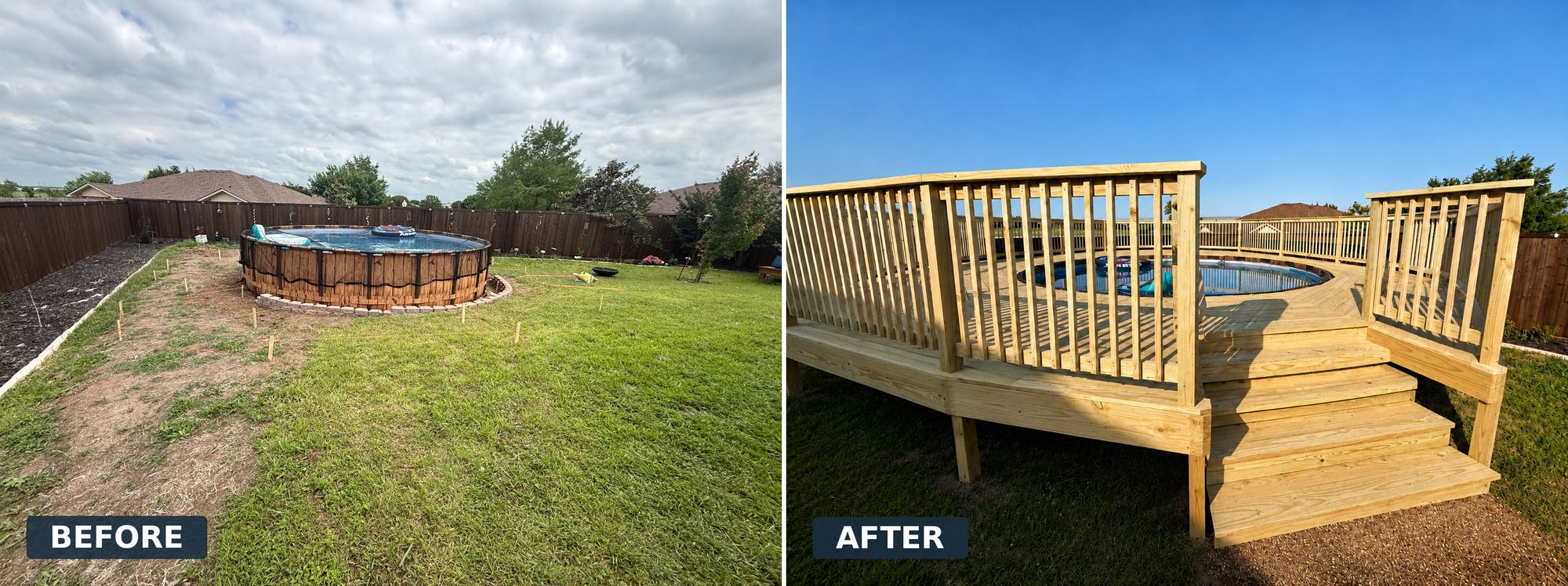 Before and after of a pool deck build near Royse City, TX — a bare yard with an above-ground pool transformed into a wraparound wood pool deck with railing and steps